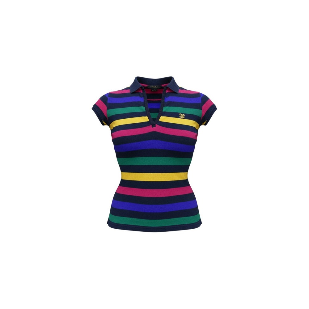 Rocawear Polo Shirt Womens Medium Multi-Color Striped V-Neck Short Sleeve Logo